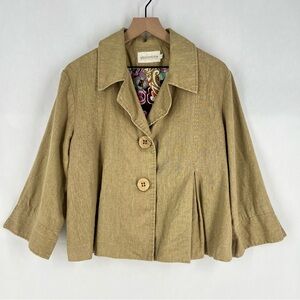 Maestro Tan Linen Blend Pleated Cropped Sleeve 2 Button Jacket Size XL